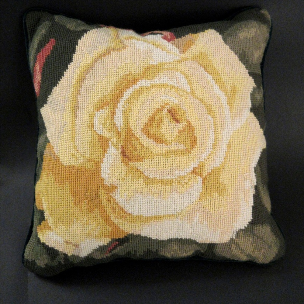 Vintage Floral Needlepoint Cushion Cover w/ Green Velvet back w zipper